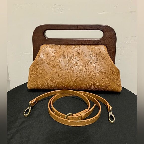 Handmade Genuine Leather Embossed Leaves Large Wood Frame Bag/Crossbody - Picture 5 of 16